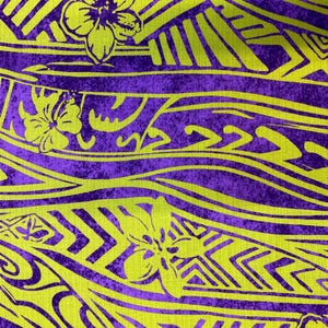 May include: Purple and yellow fabric with a repeating pattern of stylized waves and flowers. The fabric has a textured, linen-like appearance.