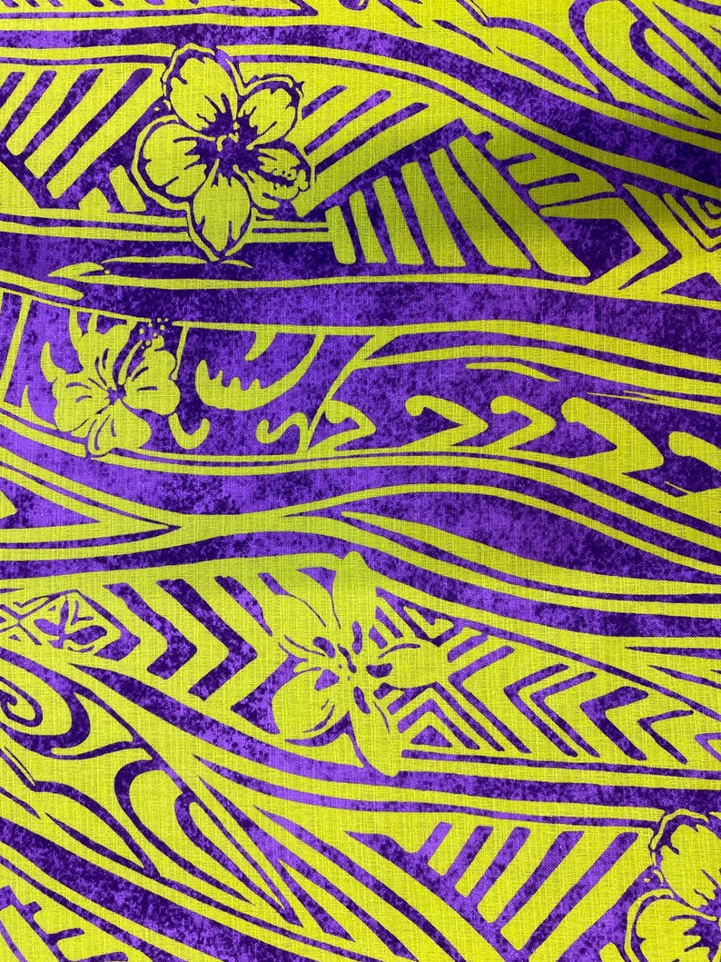 May include: Purple and yellow fabric with a repeating pattern of stylized waves and flowers. The fabric has a textured, linen-like appearance.