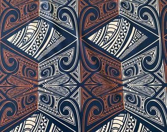 May include: A seamless fabric pattern with a geometric design in shades of blue, white, and brown. The pattern features repeating shapes and swirls, reminiscent of traditional Polynesian art.