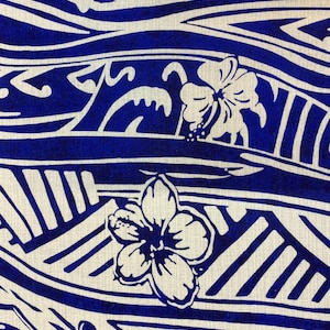May include: Blue and white fabric with a repeating pattern of stylized flowers and geometric shapes. The fabric has a linen texture.