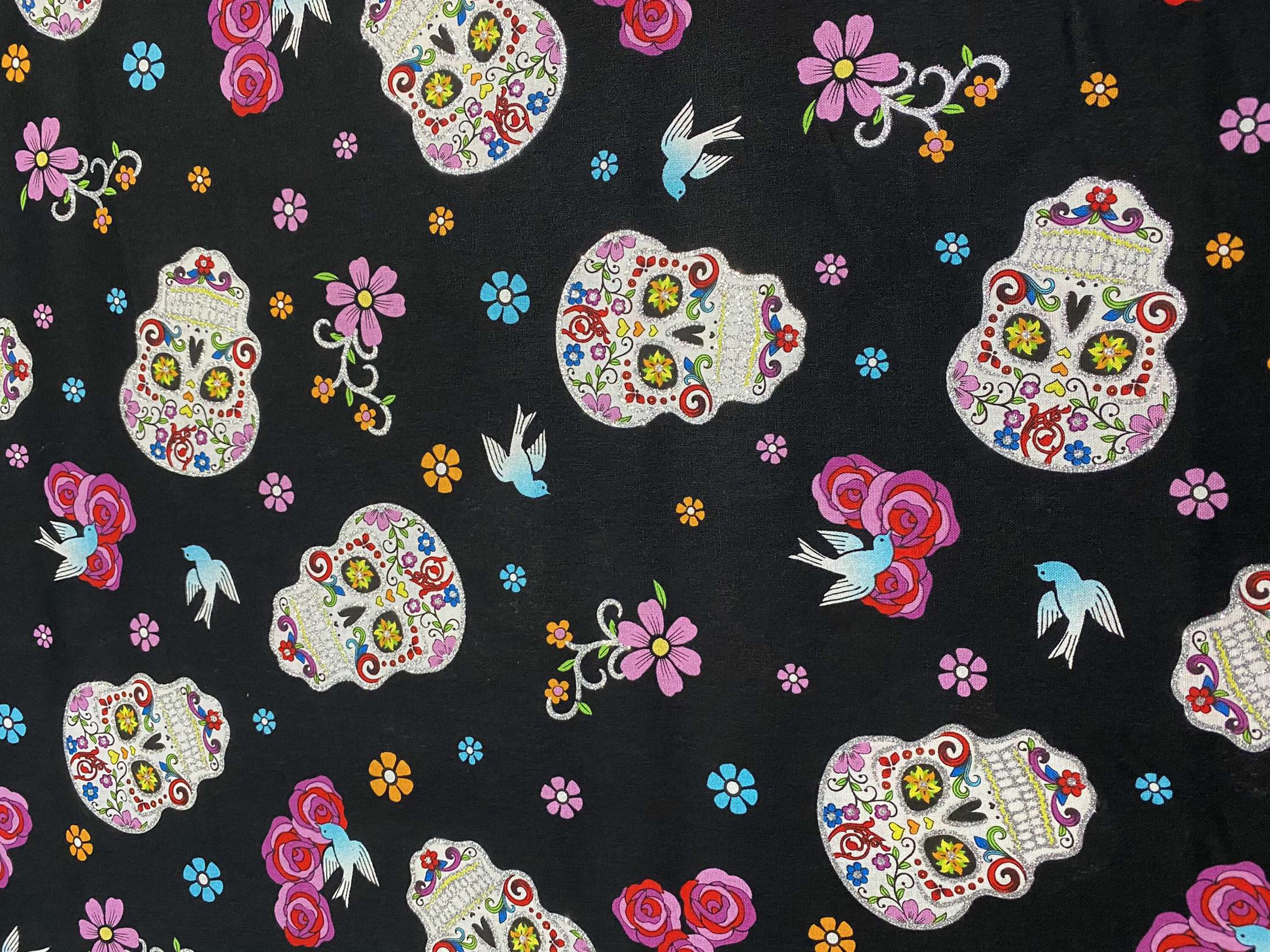 Mexican Heritage Folkloric Sugar Skulls With Glitter 100% Cotton Fabric ...