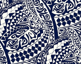 May include: A seamless pattern featuring intricate tribal designs in navy blue against an off-white background. The artwork showcases a variety of geometric shapes, including triangles, spirals, and curved lines, creating a complex and visually appealing texture.
