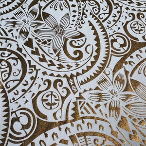 GTEX Collection- Exquisite Traditional Polynesian Tattoo Design | Foil Fabric - Stretch Scuba Fabric - 63&quot; Luxury -Quality (White & Gold)