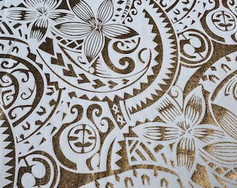 GTEX Collection- Exquisite Traditional Polynesian Tattoo Design | Foil Fabric - Stretch Scuba Fabric - 63&quot; Luxury -Quality (White & Gold)