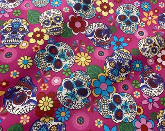 Mexican Heritage Folkloric Sugar Skulls 100% Cotton poplin Fabric / Pink Calaveras Fabric / 44" wide