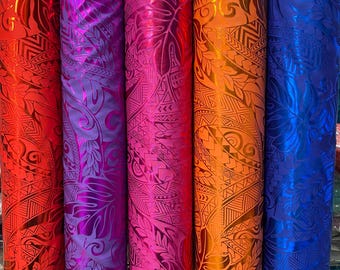 GTEX Collection- Exquisite Traditional Polynesian Samoan Tongan Hawaiian Tattoo Design & Monstera Leaf Hologram Foil Fabric (Non Stretch)