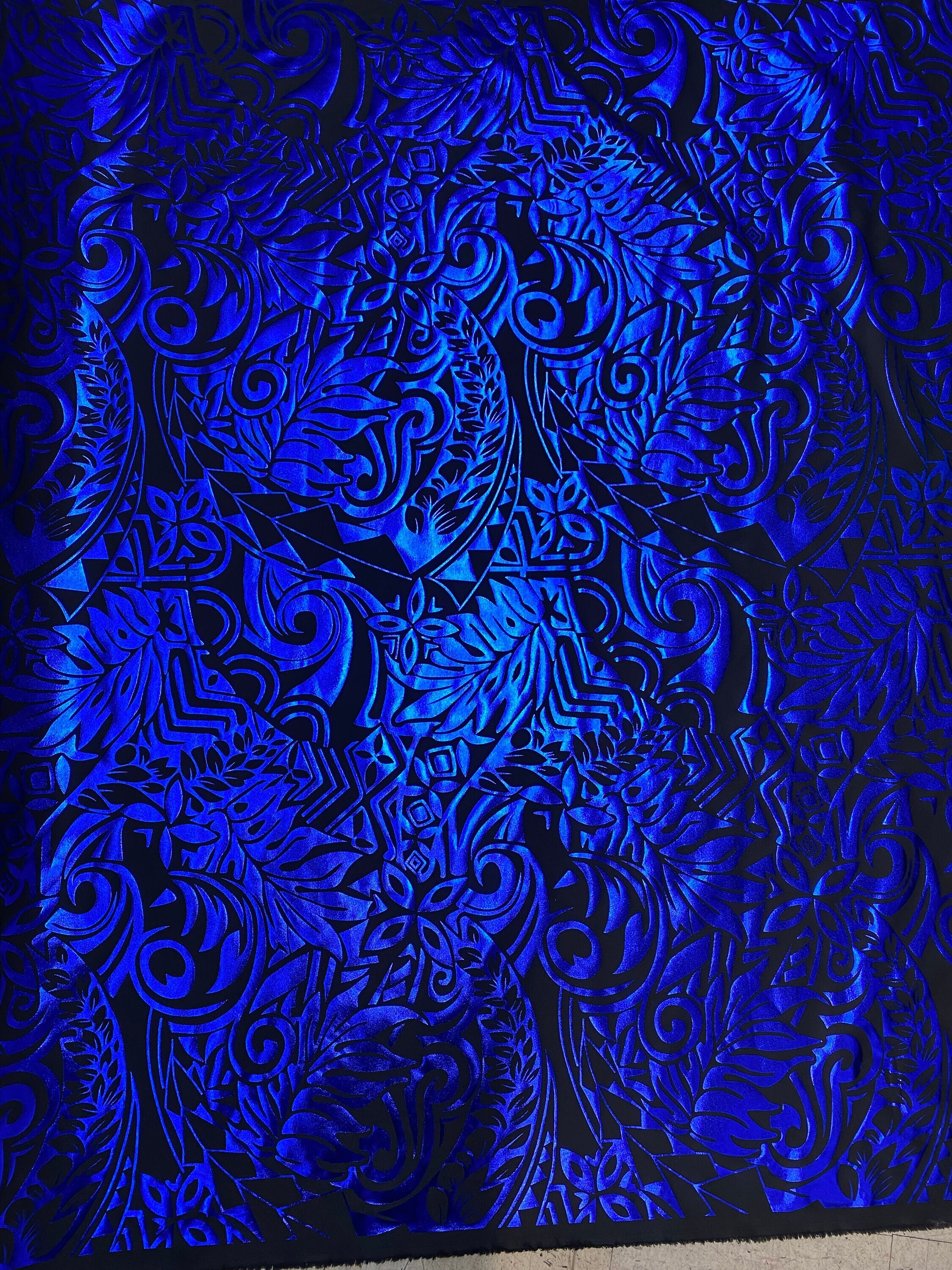 GTEX Collection- Exquisite Traditional Polynesian Tattoo Design | Foil Fabric - 2 Way Stretch Fabric - 60" Luxury Quality (Black & Blue)