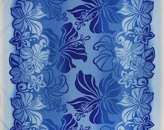 Polynesian Hibiscus & Plumeria Fabric – Baby Blue Ombre Poly Cotton Blend, 44” Wide, Sold by the Yard