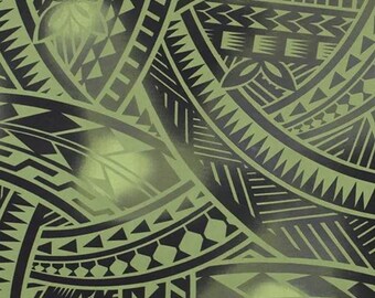 New Style Polynesian Tribal Tapa Tattoo Fabric – Sage & Black Poly Cotton Blend Fabric, 44” Wide Island Print by the Yard