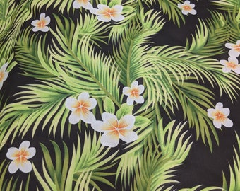Hawaiian Print Luau Floral Hibiscus Poly Cotton Fabric 60" Sold By The Yard Tropical Vintage Black & Green Tropical Hawaiian Print