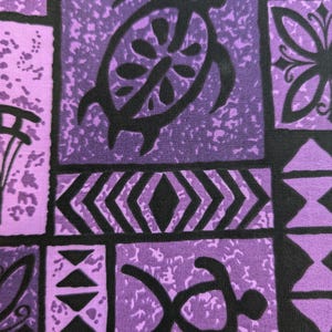 May include: Purple and black patterned fabric with geometric designs, including a stylized turtle, a flower, and a series of arrows.