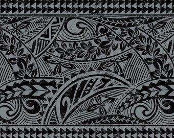 Polynesian Tribal Fabric – Gray & Black Poly Cotton Blend Fabric, 44” Wide Island Print by the Yard