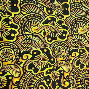 Large Print: Polynesian Fabric with Floral and Tribal Tattoo Design on Mini Matt - 58&quot; Wide - Island Fabric - By The Yard (Black & Yellow)