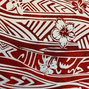 May include: Red and white fabric with a repeating pattern of stylized waves and flowers. The fabric has a textured, linen-like appearance.