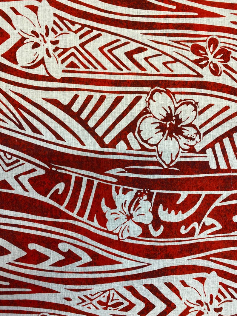 May include: Red and white fabric with a repeating pattern of stylized waves and flowers. The fabric has a textured, linen-like appearance.