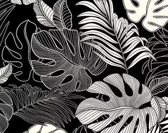 Tela Monstera Leaf – Tela de mezcla de poliéster y algodón negra, 44” de ancho, estampado de isla tropical, cortada a medida.
