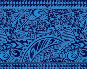 May include: A blue and navy blue patterned design with tribal motifs. The design features floral and geometric shapes, creating a textured, artistic pattern. The overall aesthetic is reminiscent of traditional Polynesian art.