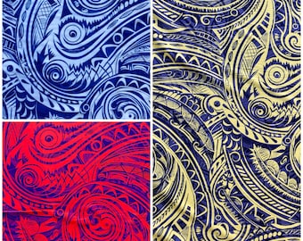 May include: A seamless pattern with a tribal design in blue, gold, and red. The pattern features intricate swirls and lines.