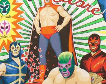 Alexander Henry - Super Lucha Libre in Natural Wrestling 100% Cotton Algodon tela material By The Yard