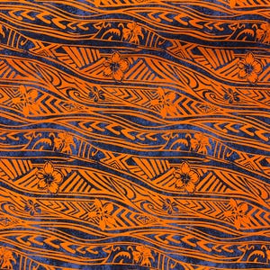 May include: Orange and blue patterned fabric with a repeating design of waves and flowers. The fabric has a textured, slightly distressed look.