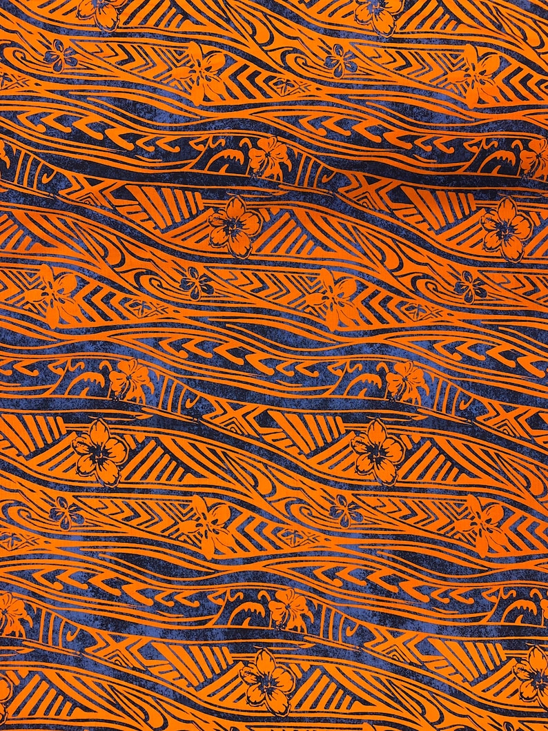 May include: Orange and blue patterned fabric with a repeating design of waves and flowers. The fabric has a textured, slightly distressed look.