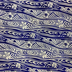 May include: A seamless pattern featuring a blue and white design. The pattern includes stylized waves and flowers. The background is a dark blue color and the waves and flowers are white.