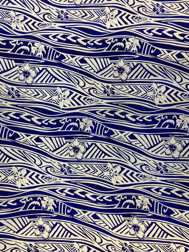 May include: A seamless pattern featuring a blue and white design. The pattern includes stylized waves and flowers. The background is a dark blue color and the waves and flowers are white.