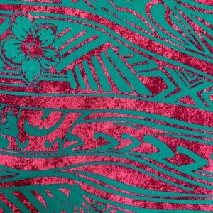 May include: Teal and pink fabric with a repeating pattern of stylized flowers and waves. The fabric has a textured, slightly distressed look.