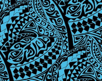 May include: Abstract pattern in black and light blue. The design features intricate tribal-style shapes, including spirals, triangles, and curved lines. The repeating pattern creates a dynamic and visually engaging surface.