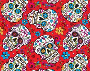 Mexican Heritage Folkloric Sugar Skulls 100% Cotton Fabric / Red Calaveras Fabric / David Textiles / 44" wide