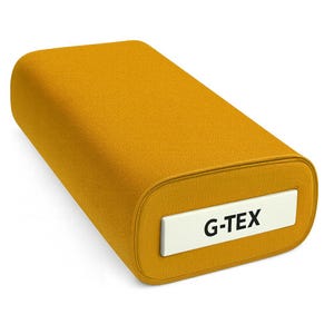 May include: A roll of mustard-colored fabric with rounded edges. A white label with the text "G-TEX" is visible on the end of the roll. The fabric appears to be a textured material, possibly for upholstery or clothing.