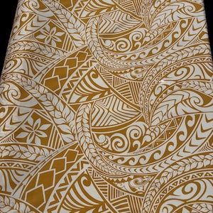 May include: A fabric featuring a repeating mustard yellow and white pattern composed of intricate geometric shapes, stylized floral motifs, and curved lines. The design covers the entire surface with a dense, interconnected arrangement of shapes.