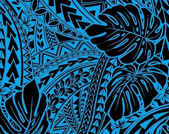 May include: A black and blue patterned design featuring tropical leaves and geometric shapes. The design has a tribal or Polynesian aesthetic, with intricate details and a bold color scheme. The leaves are large and prominent, adding a natural element to the design.