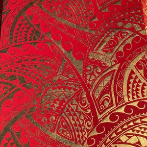 GTEX Collection- Exquisite Traditional Polynesian Tattoo Design | Foil Fabric - Stretch Scuba Fabric - 63&quot; Luxury -Quality (Red & Gold)