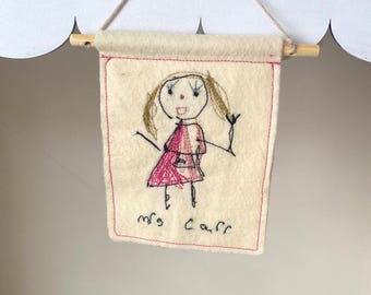 Personalised Teacher Keepsake | Child’s Drawing Embroidered Art | Thank You Teacher Gift