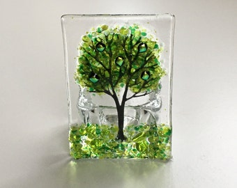 Mini Green Tree Fused Glass Tealight Holder