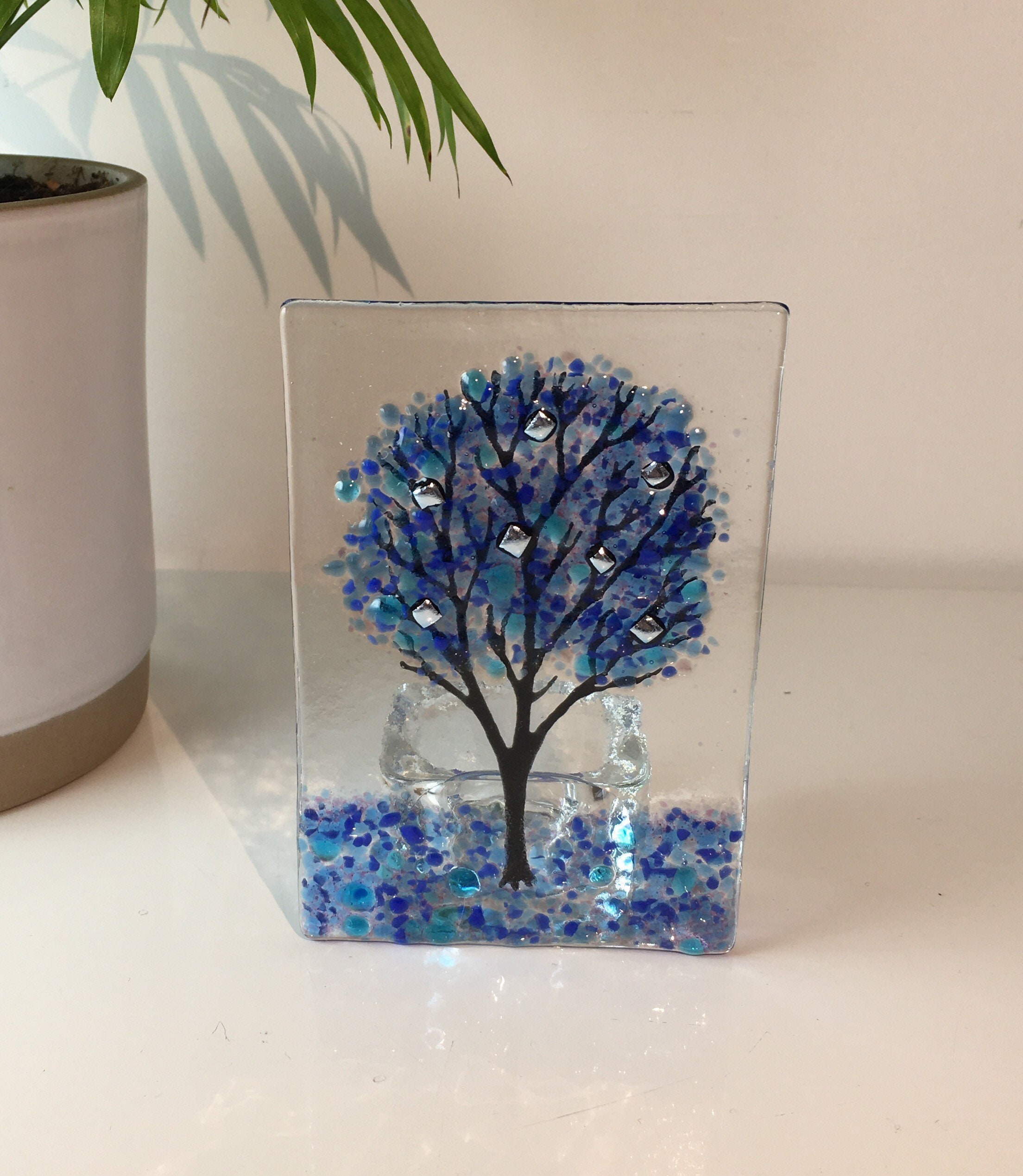 Blue Tree Tealight Holder Fused Glass