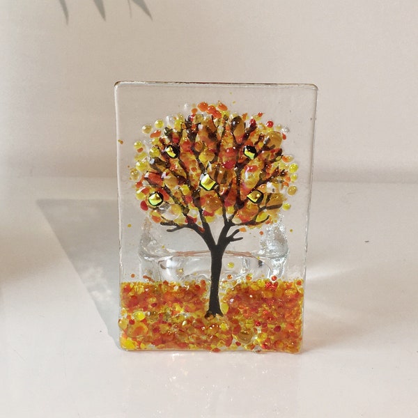 Porte-bougie chauffe-plat en verre fusionné mini arbre d'automne