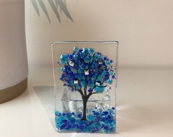 Mini Blue Tree Fused Glass Tealight Holder