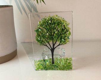 Green Tree Tealight Holder Fused Glass