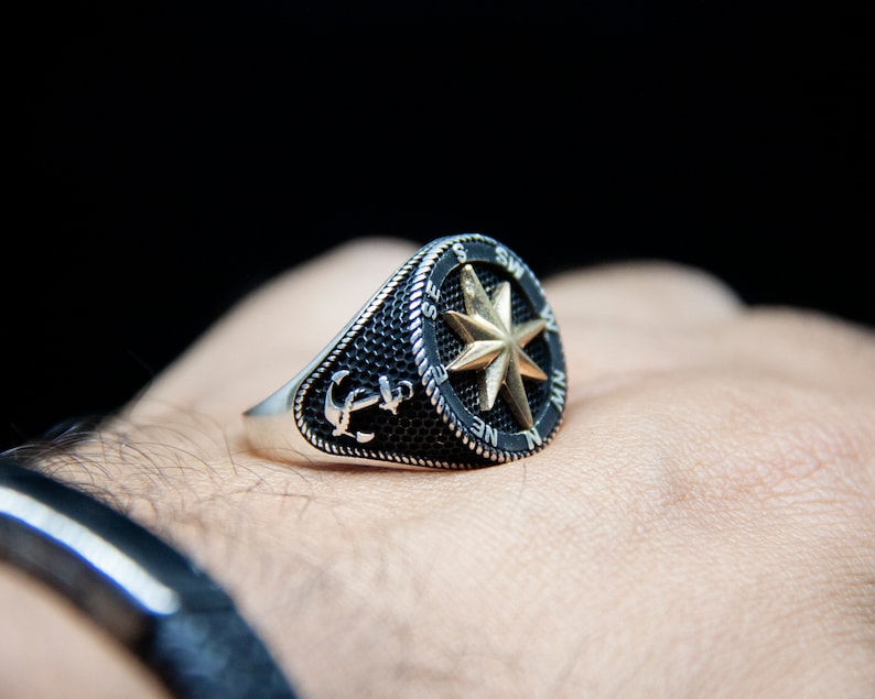 Compass Ring Anchor Ring Cool Rings Star Ring 925 Sterling Silver Black Ring Thumb Rings For Women Mens Rings Cute Ring Big Rings