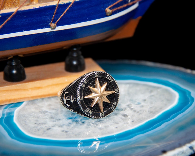 Compass Ring Anchor Ring Cool Rings Star Ring 925 Sterling Silver Black Ring Thumb Rings For Women Mens Rings Cute Ring Big Rings
