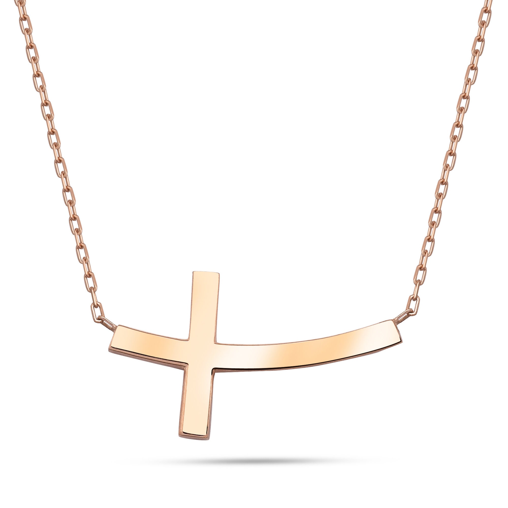 14K Rose Gold Sideways Diamond Cross Pendant Necklace