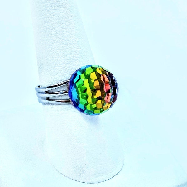 Vintage vitrail medium Swarovski crystal ring silver unique statement ring rainbow multicolor cocktail ring dome ring fireball disco ball