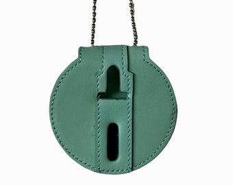 Turquoise Full Grain Leather Round Police Badge Holder Belt Clip - Optional to Use Around The Neck