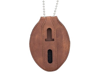 Saddle Brown Full Grain Leather Oval Police Badge Holder Belt Clip - Optional to Use Around The Neck