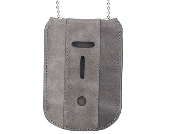 Police Gray Full Grain Leather Badge Holder: Neck Chain ID Case