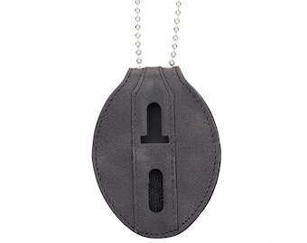 Black Full Grain Leather Oval Police Badge Holder Belt Clip - Optional to Use Around The Neck