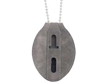 Gray Full Grain Leather Oval Police Badge Holder Belt Clip - Optional to Use Around The Neck