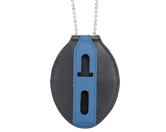 Thin Blue Line Full Grain Leather Oval Police Badge Holder Belt Clip - Optional to Use Around The Neck